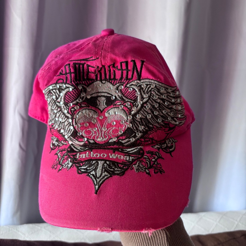 American Tattoo Wear Hot Pink Rhinestone Heart Distressed Baseball Cap Grunge
